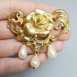 Vintage Avon Gold Tone Rose Brooch with Faux Pearls and AB Rhinestones, Estate